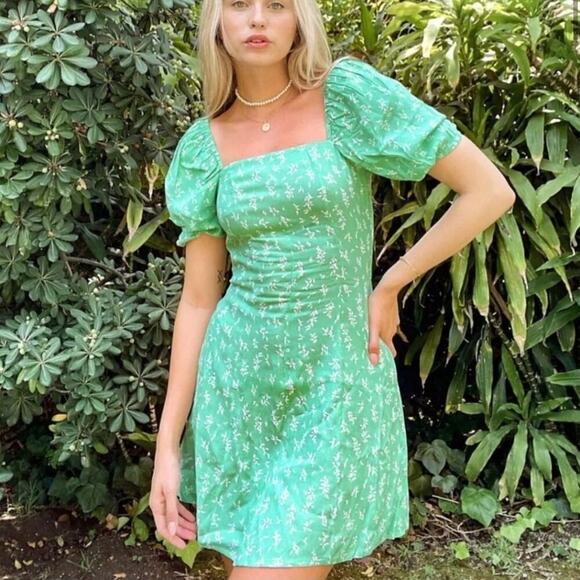 & Other Stories Puff Sleeve Mini Dress Mint Green Spring Floral Women’s Size 12 - Picture 1 of 8